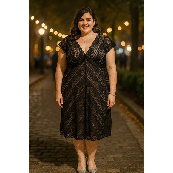 Worthington 22W Black Lace Dress V Neck Cocktail Party Date Wedding Glam - Picture 1 of 9